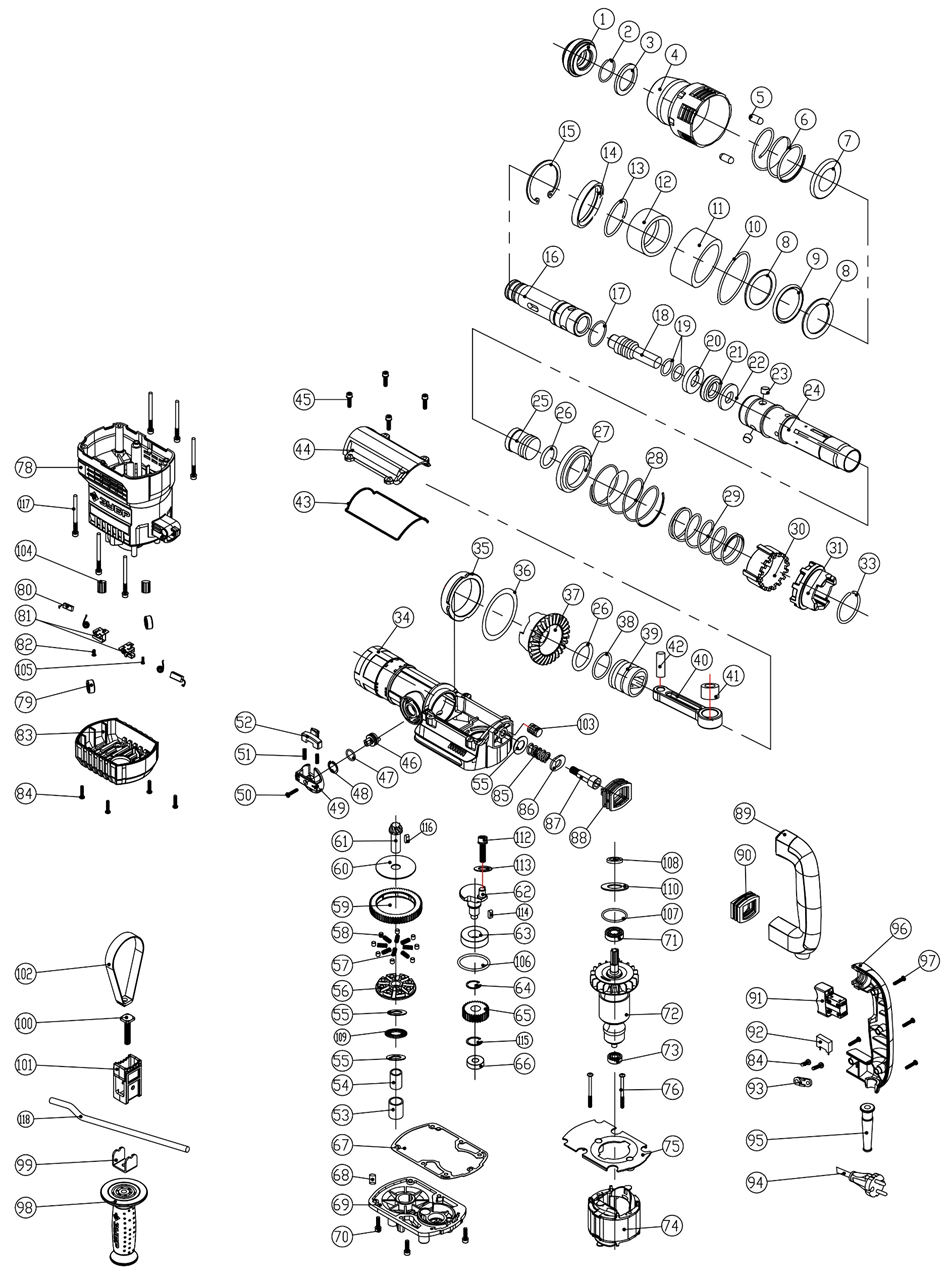 ЗУБР 45 мм, 1350 Вт, АВТ, перфоратор SDS-Max, Профессионал (ЗПМ-45-1350 ЭВ) - разборная схема